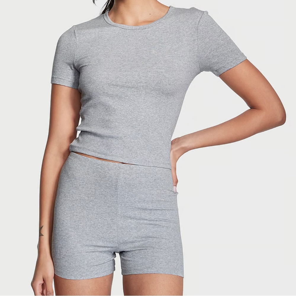 VICTORIA'S SECRET | Ribbed Modal Tee Short Set | Grey | Large |